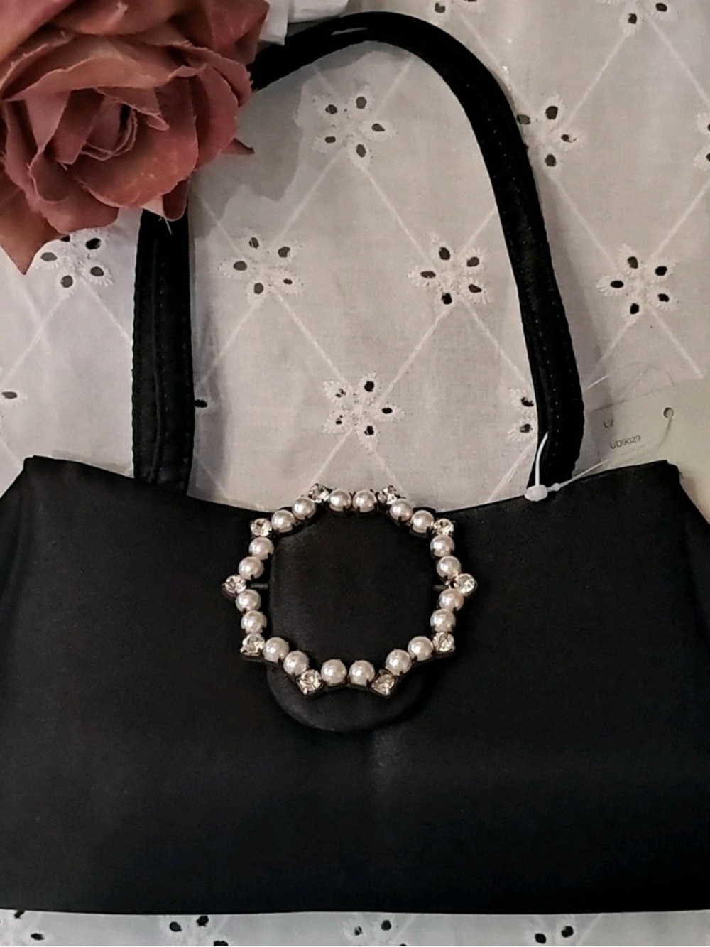 90’s Vintage Black Satin Evening Clutch/Crossbody with Pearl Circle Accent